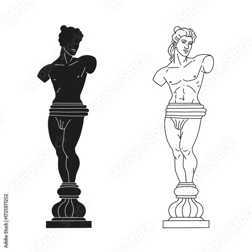 Ancient greek sculpture busts silhouette and outline artistic representation isolated on white background