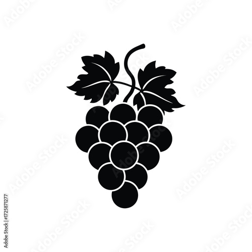 A detailed vector silhouette of a lush grapevine, featuring full clusters of grapes and delicate leaves.