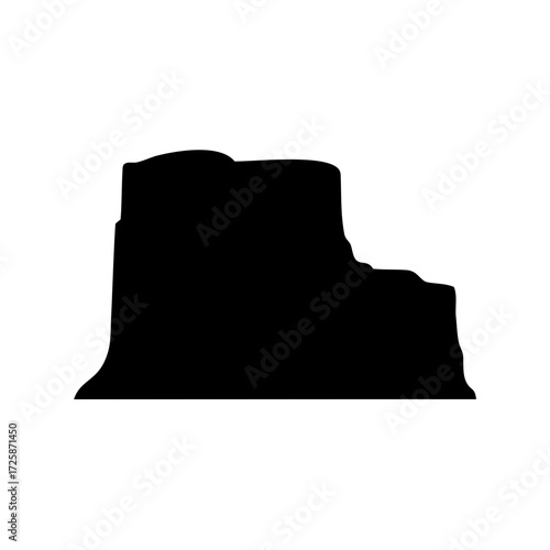 Black silhouette of a mesa rock formation against a white background plain