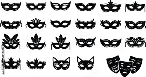 A collection of black and white illustrations of various masquerade masks, including feathered and cat-ear designs.