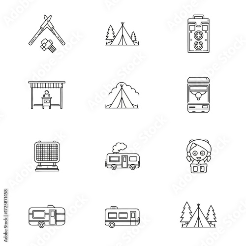Hand drawn camping icons collection representing outdoor adventure and recreation isolated on white background