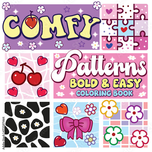 Comfy Patterns Cover vector illustration line art drawing, Bold and Easy, Mindfulness Patterns, Satisfying Patterns, Amazing Patterns, Comfy Patterns Coloring Page, Cozy Pattern, 