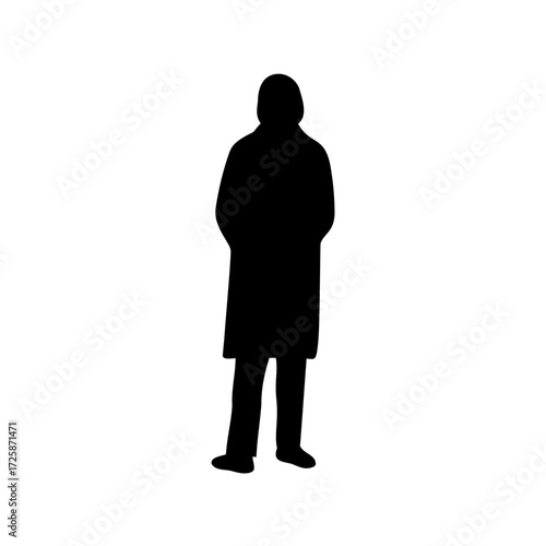 Full body silhouette of a person wearing a long coat and pants
