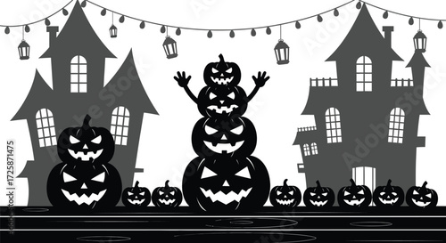 Spooky Halloween silhouette scene with haunted houses, stacked jack-o'-lanterns, and decorative string lights against a white background.
