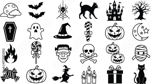Halloween themed clip art icons in black and white.