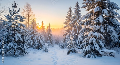 Wallpaper Mural sunset in the snow pine forest Torontodigital.ca