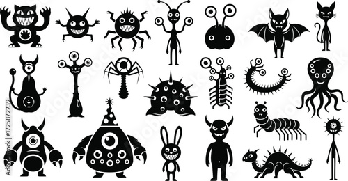 A diverse collection of black and white cartoon monster and alien silhouettes, featuring various strange and imaginative creatures.