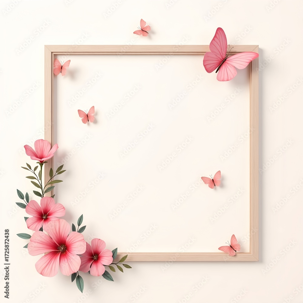 Obraz premium Floral frame with pink flowers and butterflies on a light background 