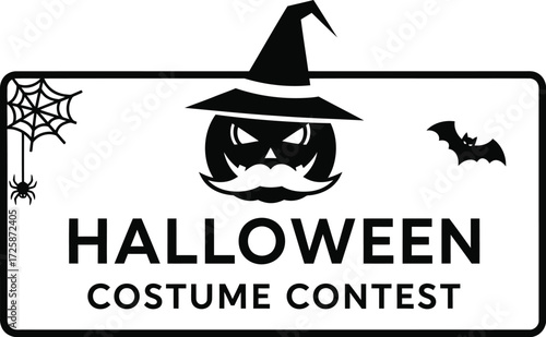 Halloween costume contest graphic with pumpkin and bat.
