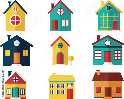 cartoon house illustrations, colorful architecture, residential vector set, home design, suburban buildings, stock image, cozy exterior, art