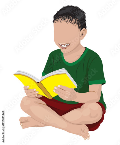 A boy wearing a green shirt is sitting and reading a book. vector design