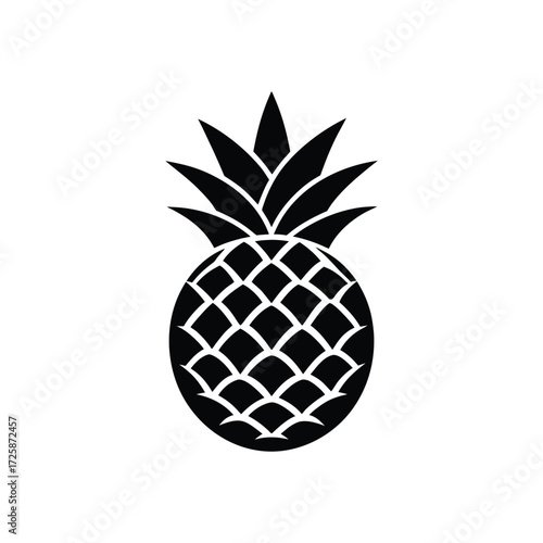 A striking black silhouette vector icon of a pineapple, capturing the distinctive spiky crown and textured body of this tropical fruit