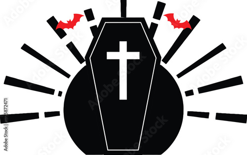 A graphic illustration of a black coffin with a white cross, radiating lines, and red bats.