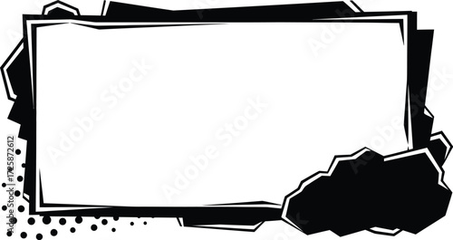 Black and white rectangular frame with abstract jagged shapes around the edges.