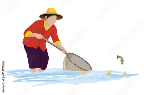 A rural woman is using a net to catch fish in a pond.vector design