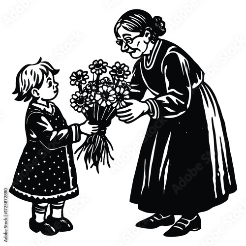 Print Granddaughter giving grandma a flower bouquet