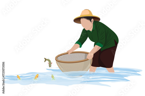 A rural woman is using a net to catch fish in a pond.vector design