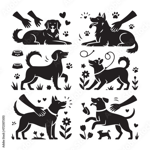 Collection of silhouettes depicting various dog activities including grooming playing and affectionate interactions with humans