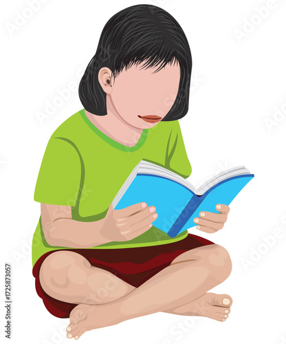 A girl in a green shirt is sitting and reading a book.vector design