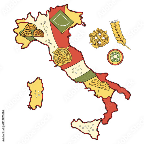 Print Creative flat vector of the Italy map filled with various pasta icons tribute to Italian cuisine