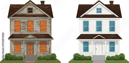before and after house, property condition contrast, real estate illustration, renovation concept, cartoon homes, vector architecture, design