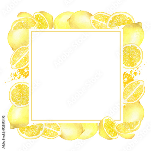 Wallpaper Mural Watercolor square frame of tropical fruit: yellow lemon, lemon slices and halves, splashes. The illustration is hand drawn, isolated on a white background. Suitable for menus, cosmetics, packaging Torontodigital.ca