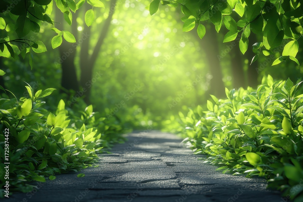Fototapeta premium Tranquil forest path illuminated by sunlight through lush green leaves during a serene afternoon