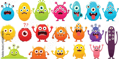 A vibrant collection of cute and funny cartoon monsters with diverse expressions and features on a white background.