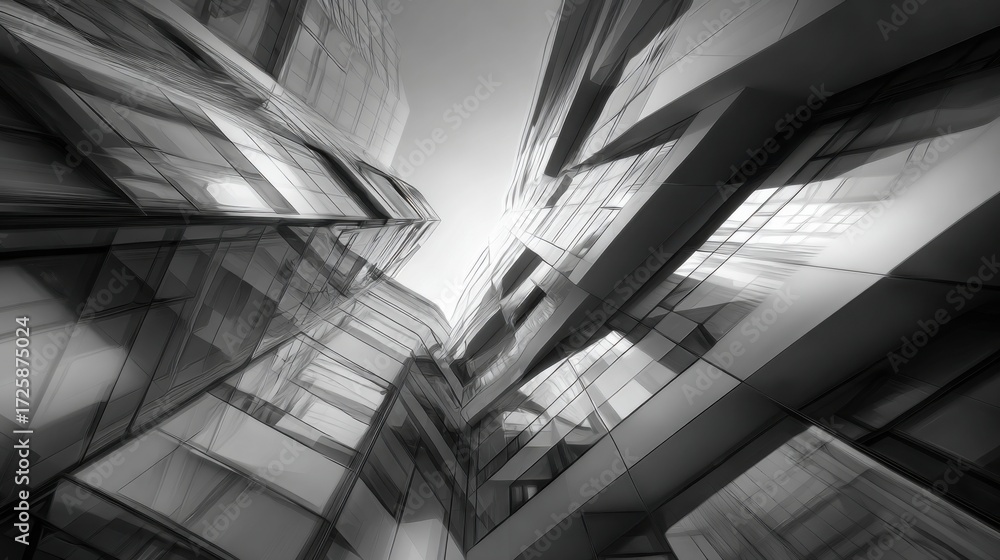 Obraz premium Looking up at tall glass buildings in an urban area the reflections create an artistic view. The light enhances the sleek lines and shapes of the architecture evoking modern design.
