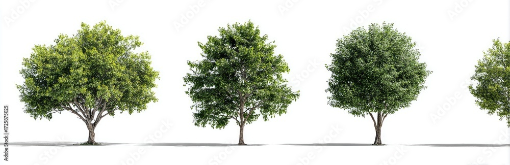 Obraz premium Four trees, varying shades of green, on a white background