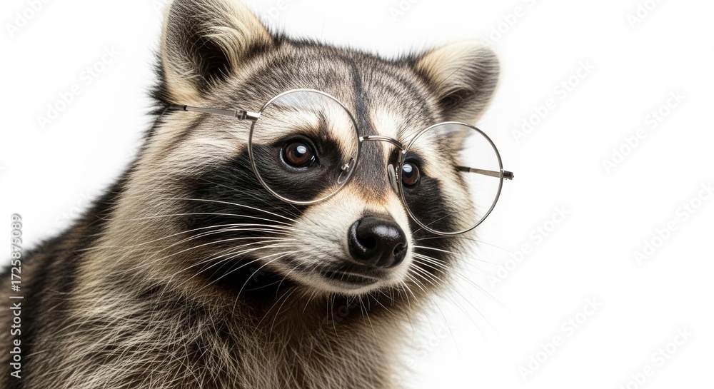 Obraz premium raccoon wearing glasses, spectacles eyewear, on a solid white background