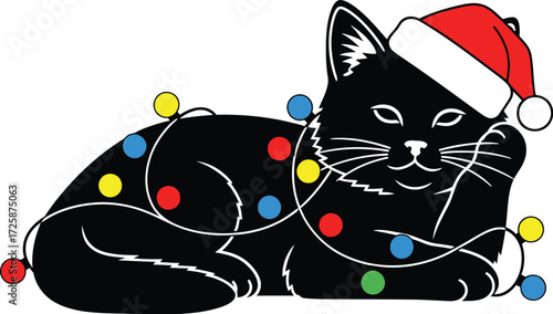 Black cat wearing a Santa hat tangled in Christmas lights.