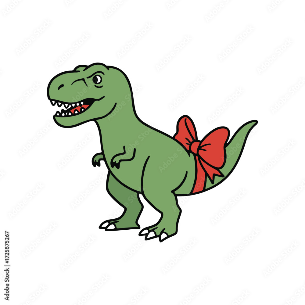 Fototapeta premium Cute Dinosaur with Red Bow Clipart Vector | T-Rex Cartoon Illustration