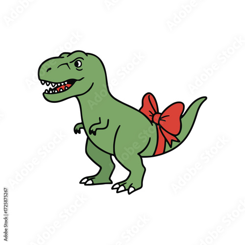 Cute Dinosaur with Red Bow Clipart Vector | T-Rex Cartoon Illustration
