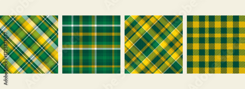 Collection of green and yellow seamless plaid tartan pattern, colorful natural fabric swatch, textile, geometric background