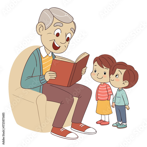 Print Grandparents sitting on a bench with kids on white background