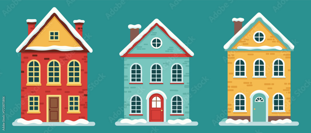 Fototapeta premium Winter houses, snowy rooftops, cartoon buildings, seasonal architecture, colorful homes, holiday illustration, chimney design, residential facade, vector art