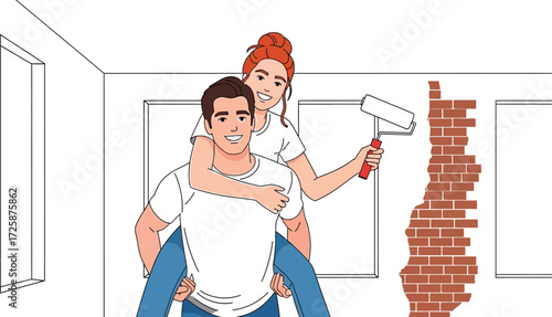 A happy couple is renovating a room, with the man giving the woman a piggyback ride as she holds a paint roller.