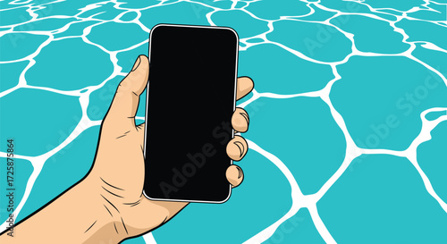 An illustrated hand holding a blank black smartphone over the bright blue rippling water of a swimming pool.