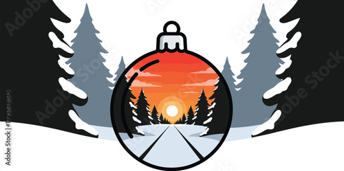 A Christmas ornament with a winter landscape inside, surrounded by snowy trees.