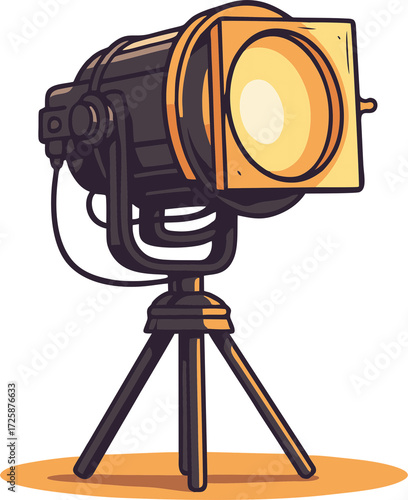 Cartoon Vector Studio Spotlight on Tripod – Stage Film Lighting Equipment Illustration