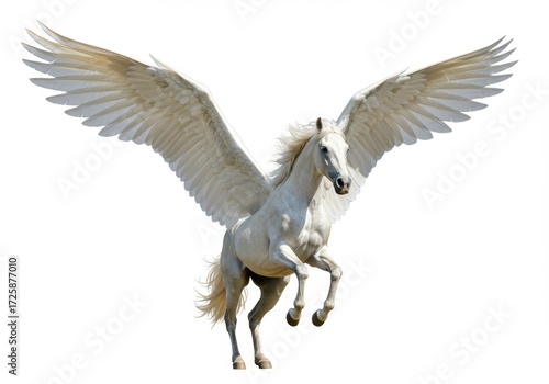 Majestic pegasus galloping with outspread wings on a pristine white background