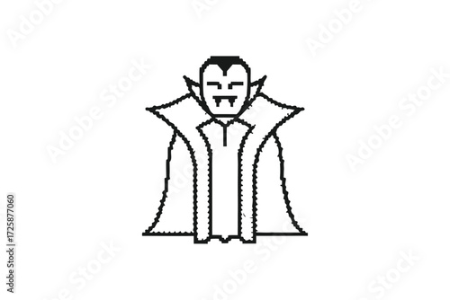 Pixelated Dracula with Fangs and Cape Displays Retro Horror Style on a White Background