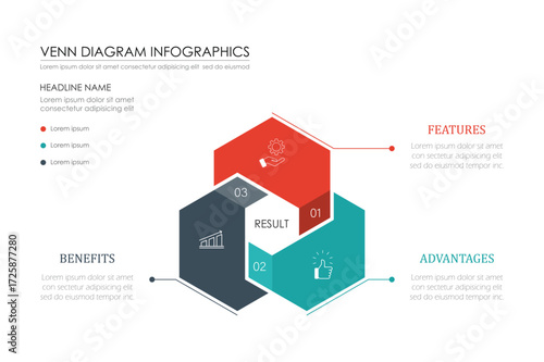 Infographic Venn diagram chart template for business 3 parts, content, presentation with vector illustration of Venn diagram elements.	