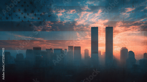 Twin Towers silhouette American flag overlay city skyline sunrise dramatic sky urban landscape patriotism remembrance bravery hope New York emotional