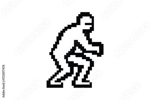 Pixelated figure crouches with arms extended in a white background pixel art style