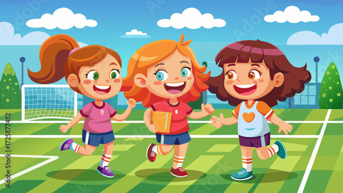 Girls teammates laughing and walking on football field, sharing joy, bright uniforms, sunny afternoon, sports friendship, unity, teamwork spirit, youthful energy, smiling faces, training fun.