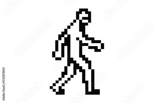 Pixelated figure is walking, rendered in black and white, a nostalgic retro video game style