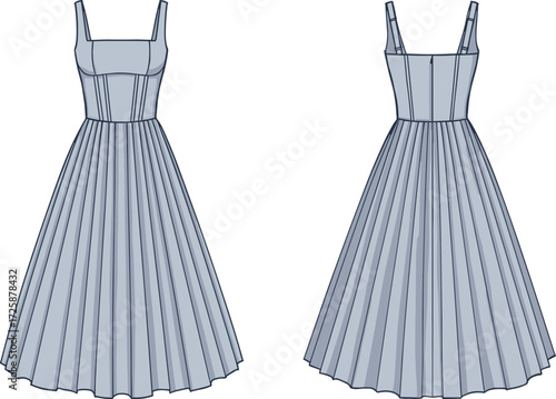 PrintElegant pleated midi dress design, sleeveless square neckline, fitted bodice, vintage inspired fashion sketch, stylish women clothing template, apparel illustration