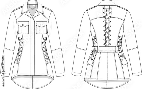PrintFashion flat sketch of women’s strappy sweetheart neckline corset midi dress, technical clothing vector template, CAD fashion illustration.